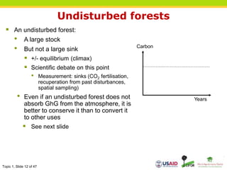 Topic 1, Slide 12 of 47
Undisturbed forests
 An undisturbed forest:
• A large stock
• But not a large sink
 +/- equilibrium (climax)
 Scientific debate on this point
• Measurement: sinks (CO2 fertilisation,
recuperation from past disturbances,
spatial sampling)
• Even if an undisturbed forest does not
absorb GhG from the atmosphere, it is
better to conserve it than to convert it
to other uses
 See next slide
Carbon
Years
 