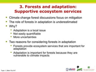Topic 1, Slide 16 of 47
 Climate change forest discussions focus on mitigation
 The role of forests in adaptation is underestimated
 Why?
• Adaptation is a local issue
• Not easily quantifiable
• More uncertainties
 Two reasons for considering forests in adaptation
• Forests provide ecosystem services that are important for
adaptation
• Adaptation is important for forests because they are
vulnerable to climate impacts
3. Forests and adaptation:
Supportive ecosystem services
 