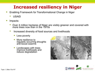 Topic 1, Slide 18 of 47
Increased resiliency in Niger
 Enabling Framework for Transformational Change in Niger
• USAID
 Impacts:
• Over 4 million hectares of Niger are visibly greener and covered with
more trees now than in the 1970s
• Increased diversity of food sources and livelihoods
 Less poverty
 More resilience to
regularly occurring droughts
and locust swarms
 Landscapes with trees
improve livelihoods and
reduce degradation
 