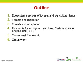 Topic 1, Slide 3 of 47
Outline
1. Ecosystem services of forests and agricultural lands
2. Forests and mitigation
3. Forests and adaptation
4. Payments for ecosystem services: Carbon storage
and the UNFCCC
5. Conceptual framework
6. Group work
 
