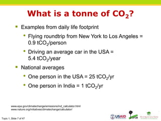 Topic 1, Slide 7 of 47
 Examples from daily life footprint
• Flying roundtrip from New York to Los Angeles =
0.9 tCO2/person
• Driving an average car in the USA =
5.4 tCO2/year
 National averages
• One person in the USA = 25 tCO2/yr
• One person in India = 1 tCO2/yr
www.epa.gov/climatechange/emissions/ind_calculator.html
www.nature.org/initiatives/climatechange/calculator/
What is a tonne of CO2?
 