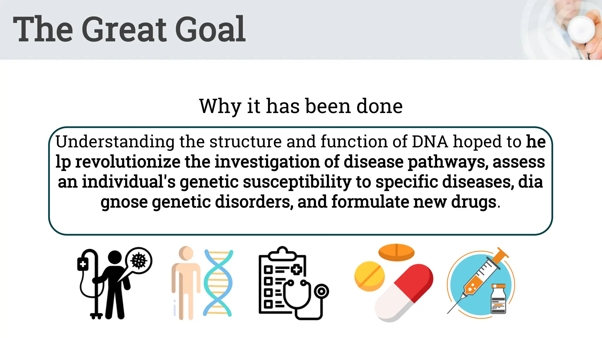 The Great Goal
Why it has been done
Understanding the structure and function of DNA hoped to he
lp revolutionize the investigation of disease pathways, assess
an individual's genetic susceptibility to specific diseases, dia
gnose genetic disorders, and formulate new drugs.
 