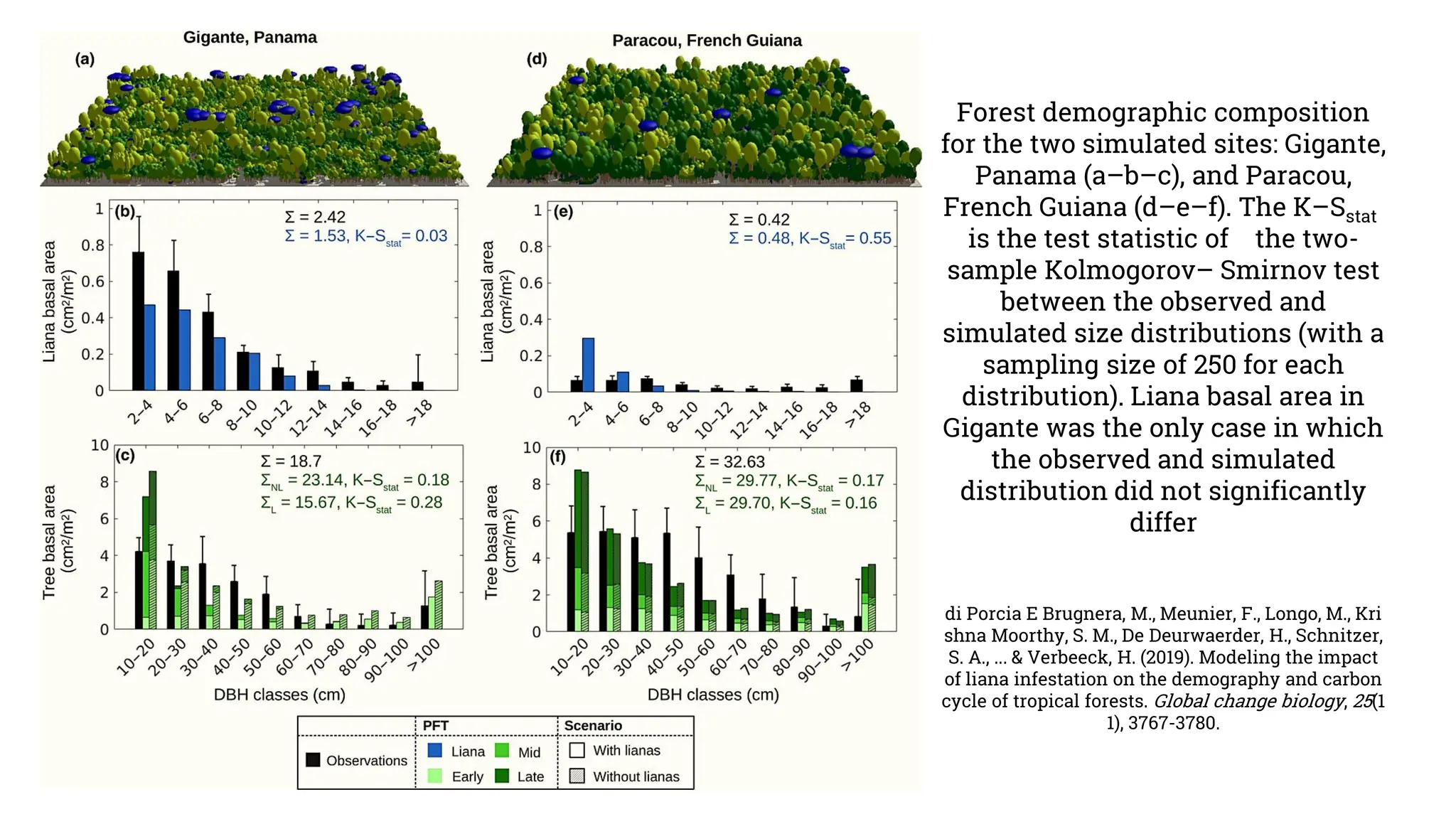 di Porcia E Brugnera, M., Meunier, F., Longo, M., Kri
shna Moorthy, S. M., De Deurwaerder, H., Schnitzer,
S. A., ... & Verbeeck, H. (2019). Modeling the impact
of liana infestation on the demography and carbon
cycle of tropical forests. Global change biology, 25(1
1), 3767-3780.
Forest demographic composition
for the two simulated sites: Gigante,
Panama (a–b–c), and Paracou,
French Guiana (d–e–f). The K–Sstat
is the test statistic of the two-
sample Kolmogorov– Smirnov test
between the observed and
simulated size distributions (with a
sampling size of 250 for each
distribution). Liana basal area in
Gigante was the only case in which
the observed and simulated
distribution did not significantly
differ
 