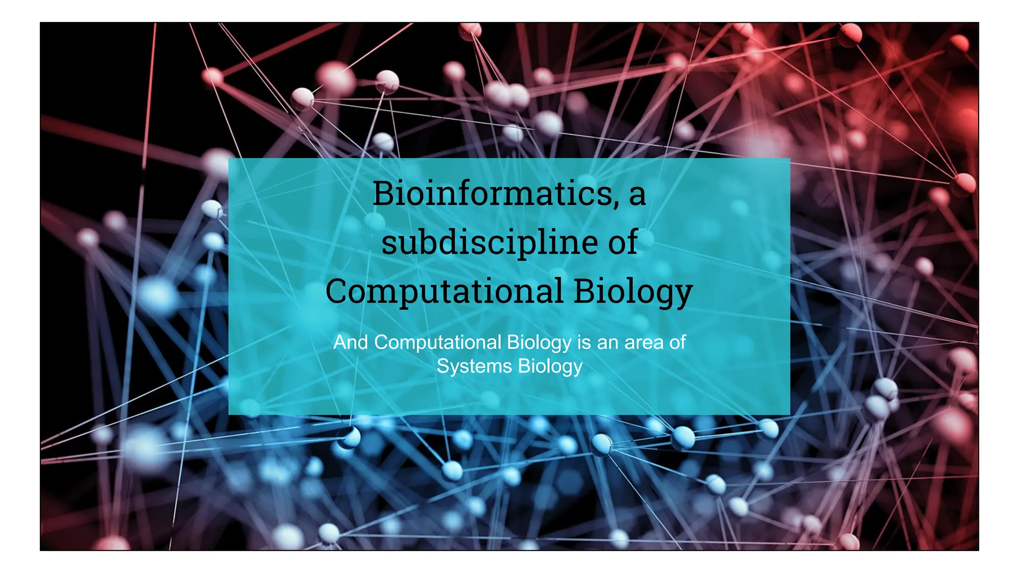 Bioinformatics, a
subdiscipline of
Computational Biology
And Computational Biology is an area of
Systems Biology
 