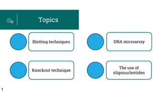 1
Topics
Blotting techniques
Knockout technique
DNA microarray
The use of
oligonucleotides
 