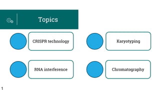 1
Topics
CRISPR technology
RNA interference
Karyotyping
Chromatography
 