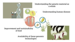 Understanding the genetic material as
a whole
Understanding human disease
Improvement and sustainability
of food
Availability of these genomic
technologies
 