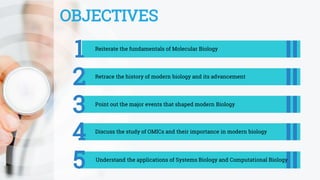 OBJECTIVES
1 Reiterate the fundamentals of Molecular Biology
2 Retrace the history of modern biology and its advancement
3 Point out the major events that shaped modern Biology
5 Understand the applications of Systems Biology and Computational Biology
4 Discuss the study of OMICs and their importance in modern biology
 