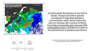 (a) Chlorophyll distribution in the Gulf of
Alaska. Orange and yellow patches
correspond to high phytoplankton
concentration, white shows where the
data are missing. (By courtesy of NASA,
from http://oceancolor.gsfc.nasa.gov/FEA
TURE/gallery.html.) (b) Different scales in
the phenomenon of plankton patchiness.
Petrovskii, S., & Petrovskaya, N. (2012). Computational ecology as
an emerging science. Interface Focus, 2(2), 241-254.
 