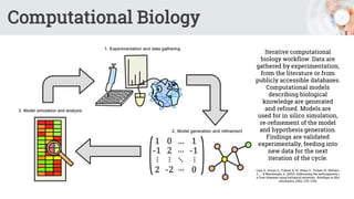 Computational Biology
Iterative computational
biology workflow. Data are
gathered by experimentation,
from the literature or from
publicly accessible databases.
Computational models
describing biological
knowledge are generated
and refined. Models are
used for in silico simulation,
re-refinement of the model
and hypothesis generation.
Findings are validated
experimentally, feeding into
new data for the next
iteration of the cycle.
Lam, S., Doran, S., Yuksel, H. H., Altay, O., Turkez, H., Nielsen,
J., ... & Mardinoglu, A. (2021). Addressing the heterogeneity i
n liver diseases using biological networks. Briefings in Bioi
nformatics, 22(2), 1751-1766.
 
