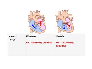 Normal
range:
Diastole
60 – 80 mmHg (adults);
Systole
90 – 120 mmHg
(adults);)
 