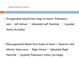 Blood Circulation in Heart:
 Oxygenated blood from lungs to heart– Pulmonary
vein left Atrium  [diastole] Left Ventricle  [systole]
Aorta (to body)
 Deoxygenated blood from body to heart – Superior and
Inferior Vena cava Right Atrium [diastole] Right
Ventricle [systole] Pulmonary Artery (to lungs)
 