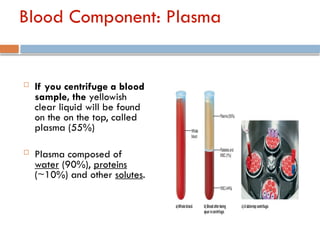 Blood Component: Plasma
 If you centrifuge a blood
sample, the yellowish
clear liquid will be found
on the on the top, called
plasma (55%)
 Plasma composed of
water (90%), proteins
(~10%) and other solutes.
 