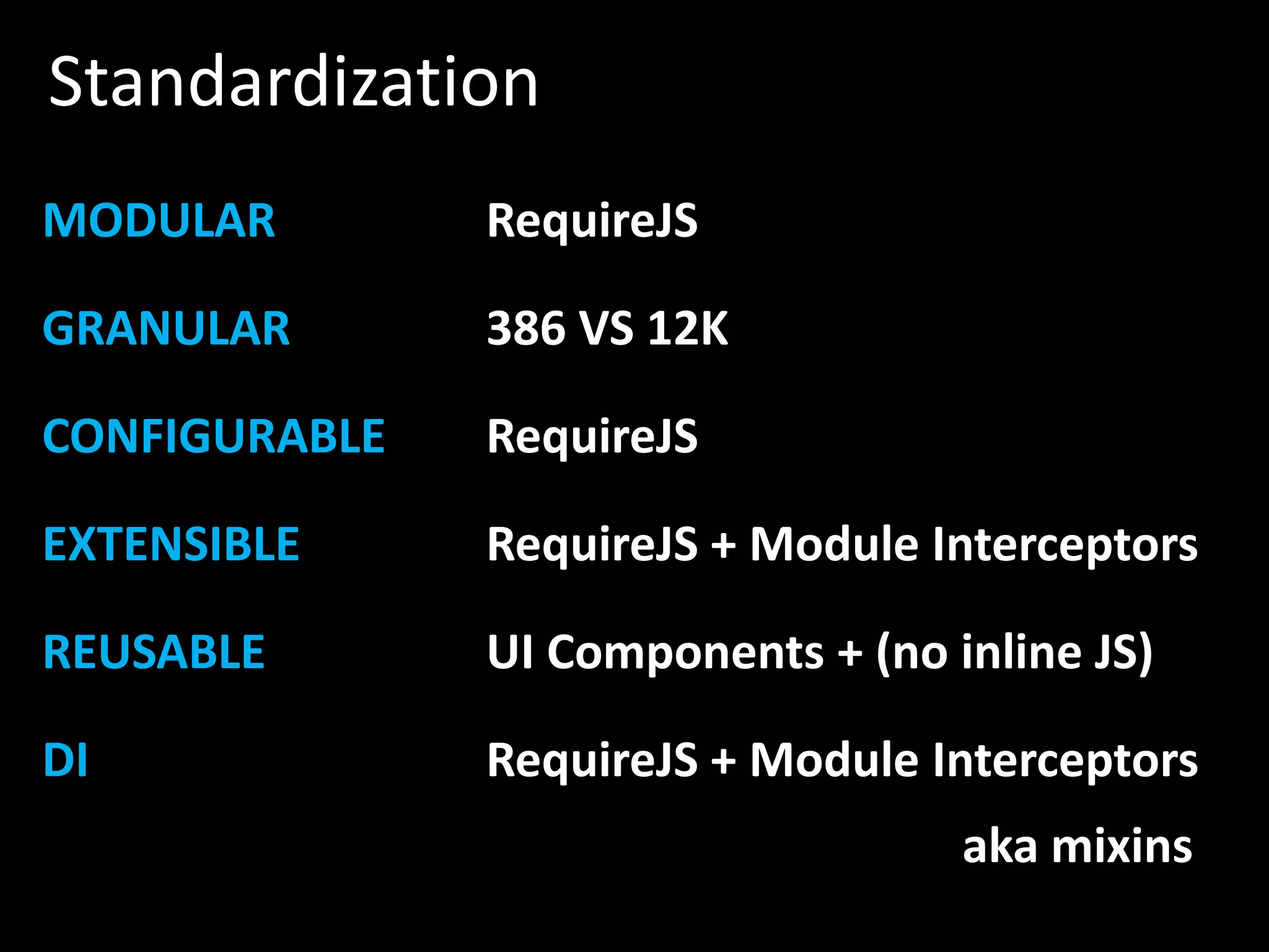 Standardization MODULAR RequireJS GRANULAR 386 VS 12K CONFIGURABLE RequireJS EXTENSIBLE RequireJS + Module Interceptors REUSABLE UI Components + (no inline JS) DI RequireJS + Module Interceptors aka mixins 
