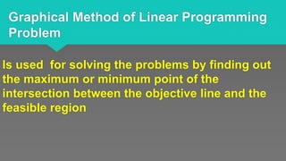 Graphical Method of Linear Programming
Problem
Is used for solving the problems by finding out
the maximum or minimum point of the
intersection between the objective line and the
feasible region
 