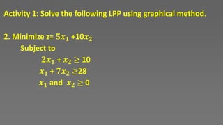 Activity 1: Solve the following LPP using graphical method.
2. Minimize z= 𝟓𝒙𝟏 +10𝒙𝟐
Subject to
𝟐𝒙𝟏 + 𝒙𝟐 ≥ 10
𝒙𝟏 + 𝟕𝒙𝟐 ≥28
𝒙𝟏 and 𝒙𝟐 ≥ 0
 