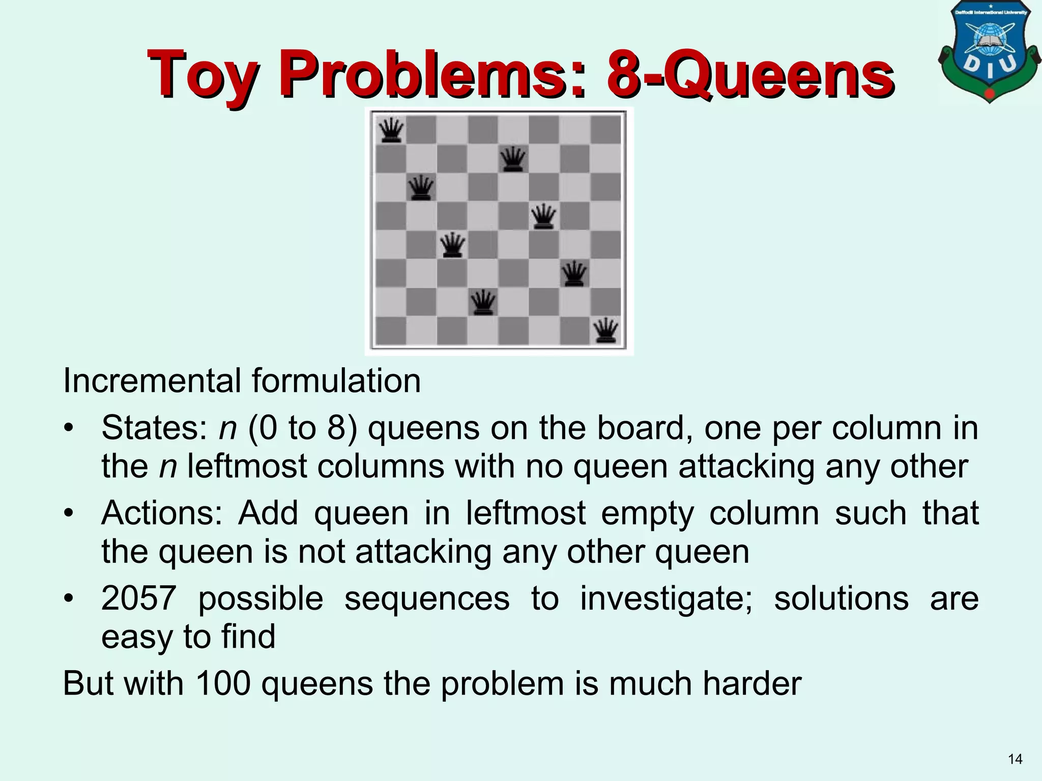 Incremental formulation
• States: n (0 to 8) queens on the board, one per column in
the n leftmost columns with no queen attacking any other
• Actions: Add queen in leftmost empty column such that
the queen is not attacking any other queen
• 2057 possible sequences to investigate; solutions are
easy to find
But with 100 queens the problem is much harder
14
Toy Problems: 8-QueensToy Problems: 8-Queens
 