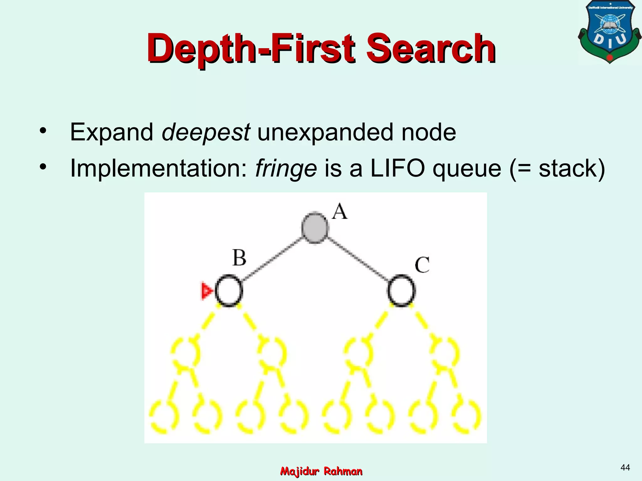 Depth-First SearchDepth-First Search
• Expand deepest unexpanded node
• Implementation: fringe is a LIFO queue (= stack)
44
Majidur RahmanMajidur Rahman
 