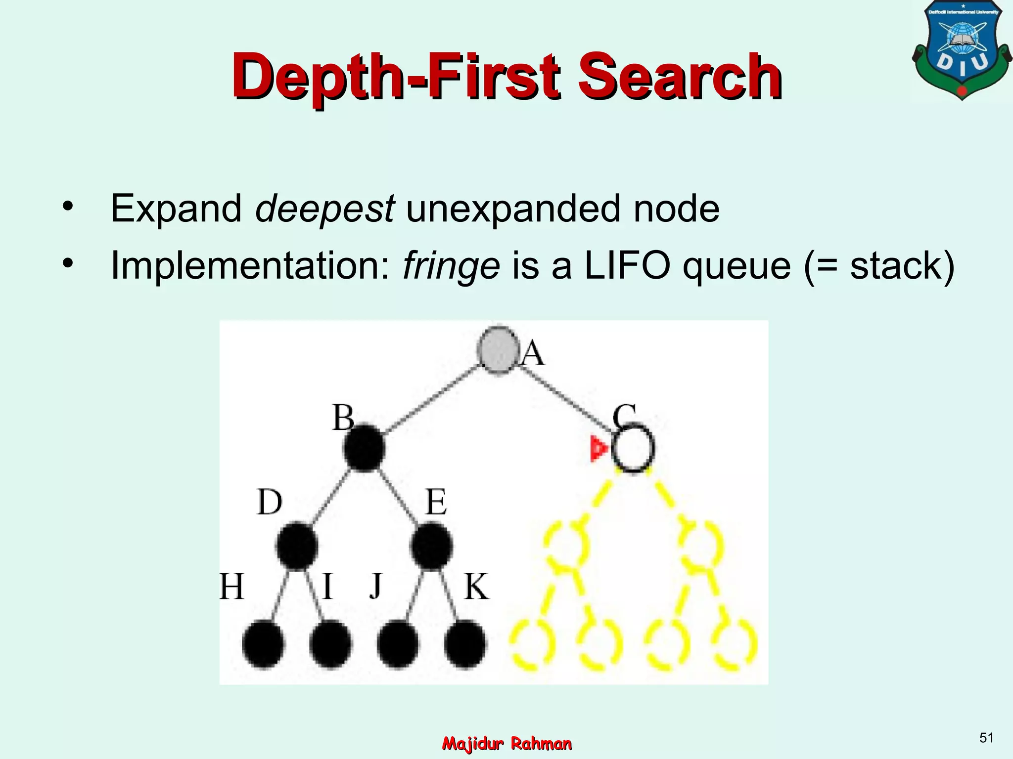 Depth-First SearchDepth-First Search
• Expand deepest unexpanded node
• Implementation: fringe is a LIFO queue (= stack)
51
Majidur RahmanMajidur Rahman
 