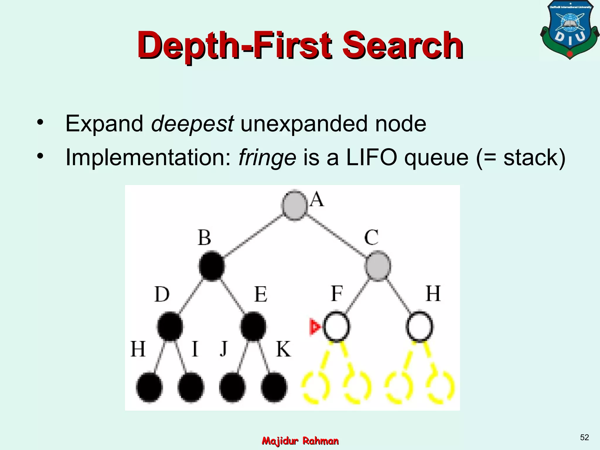 Depth-First SearchDepth-First Search
• Expand deepest unexpanded node
• Implementation: fringe is a LIFO queue (= stack)
52
Majidur RahmanMajidur Rahman
 