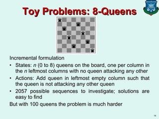 Incremental formulation
• States: n (0 to 8) queens on the board, one per column in
the n leftmost columns with no queen attacking any other
• Actions: Add queen in leftmost empty column such that
the queen is not attacking any other queen
• 2057 possible sequences to investigate; solutions are
easy to find
But with 100 queens the problem is much harder
14
Toy Problems: 8-QueensToy Problems: 8-Queens
 