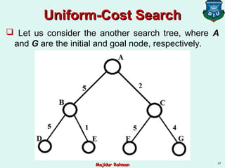 Uniform-Cost SearchUniform-Cost Search
 Let us consider the another search tree, where A
and G are the initial and goal node, respectively.
37
Majidur RahmanMajidur Rahman
 