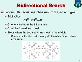 Bidirectional SearchBidirectional Search
Two simultaneous searches run from start and goal.
– Motivation:
– One forward from the initial state
– Other backward from goal
– Stops when the two searches meet in the middle
• Check whether the node belongs to the other fringe before
expansion
67
bd/2
+bd/2
≠bd
 