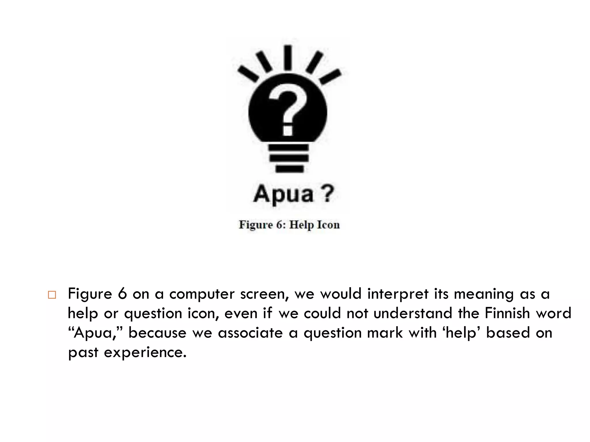  Figure 6 on a computer screen, we would interpret its meaning as a
help or question icon, even if we could not understand the Finnish word
“Apua,” because we associate a question mark with ‘help’ based on
past experience.
 