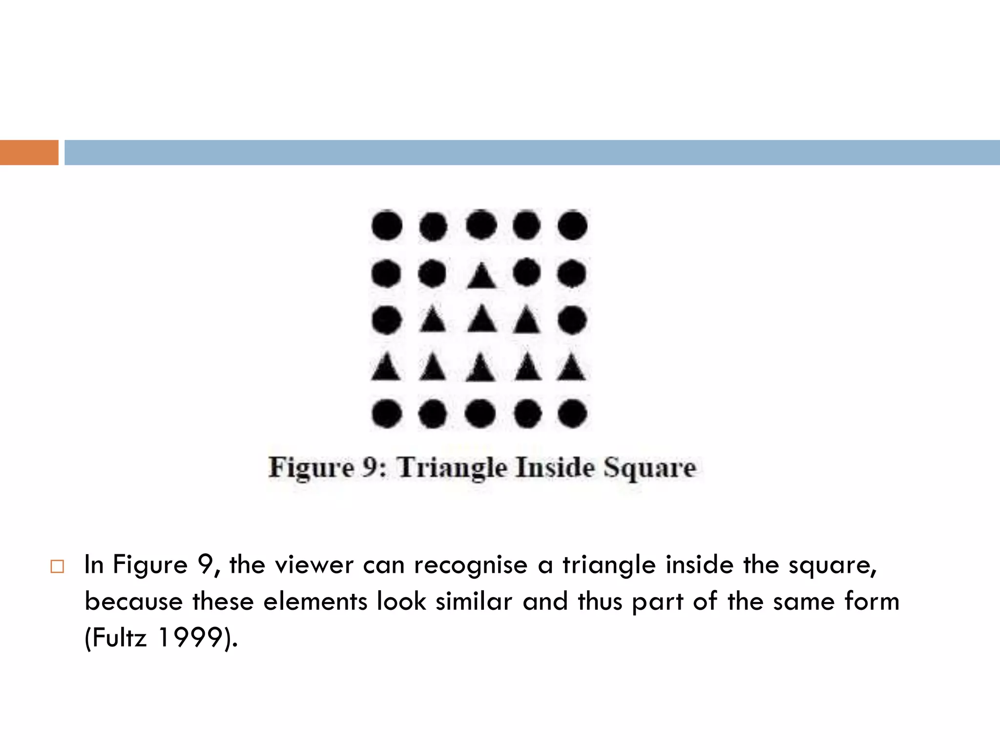  In Figure 9, the viewer can recognise a triangle inside the square,
because these elements look similar and thus part of the same form
(Fultz 1999).
 