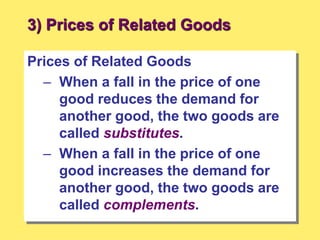 3) Prices of Related Goods
Prices of Related Goods
– When a fall in the price of one
good reduces the demand for
another good, the two goods are
called substitutes.
– When a fall in the price of one
good increases the demand for
another good, the two goods are
called complements.
 