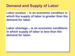 Demand and Supply of Labor
Labor surplus – is an economic condition in
which the supply of labor is greater than the
demand for labor.
Labor shortage – is an economic conditions
in which supply of labor is less than the
demand for labor.
 