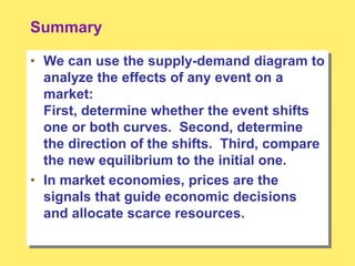 Summary
• We can use the supply-demand diagram to
analyze the effects of any event on a
market:
First, determine whether the event shifts
one or both curves. Second, determine
the direction of the shifts. Third, compare
the new equilibrium to the initial one.
• In market economies, prices are the
signals that guide economic decisions
and allocate scarce resources.
 