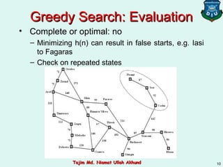 Greedy Search: EvaluationGreedy Search: Evaluation
• Complete or optimal: no
– Minimizing h(n) can result in false starts, e.g. Iasi
to Fagaras
– Check on repeated states
10Tajim Md. Niamat Ullah AkhundTajim Md. Niamat Ullah Akhund
 