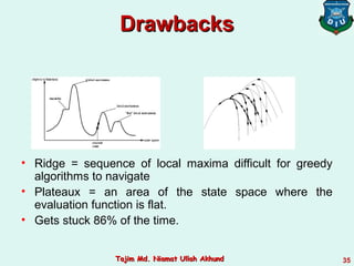 DrawbacksDrawbacks
• Ridge = sequence of local maxima difficult for greedy
algorithms to navigate
• Plateaux = an area of the state space where the
evaluation function is flat.
• Gets stuck 86% of the time.
35Tajim Md. Niamat Ullah AkhundTajim Md. Niamat Ullah Akhund
 
