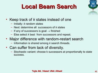 Local Beam SearchLocal Beam Search
• Keep track of k states instead of one
– Initially: k random states
– Next: determine all successors of k states
– If any of successors is goal → finished
– Else select k best from successors and repeat.
• Major difference with random-restart search
– Information is shared among k search threads.
• Can suffer from lack of diversity.
– Stochastic variant: choose k successors at proportionally to state
success.
43Tajim Md. Niamat Ullah AkhundTajim Md. Niamat Ullah Akhund
 