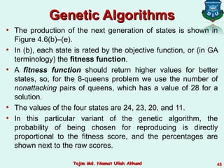 Genetic AlgorithmsGenetic Algorithms
• The production of the next generation of states is shown in
Figure 4.6(b)–(e).
• In (b), each state is rated by the objective function, or (in GA
terminology) the fitness function.
• A fitness function should return higher values for better
states, so, for the 8-queens problem we use the number of
nonattacking pairs of queens, which has a value of 28 for a
solution.
• The values of the four states are 24, 23, 20, and 11.
• In this particular variant of the genetic algorithm, the
probability of being chosen for reproducing is directly
proportional to the fitness score, and the percentages are
shown next to the raw scores.
48Tajim Md. Niamat Ullah AkhundTajim Md. Niamat Ullah Akhund
 