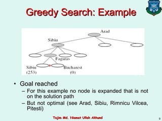 Greedy Search: ExampleGreedy Search: Example
• Goal reached
– For this example no node is expanded that is not
on the solution path
– But not optimal (see Arad, Sibiu, Rimnicu Vilcea,
Pitesti)
9Tajim Md. Niamat Ullah AkhundTajim Md. Niamat Ullah Akhund
 
