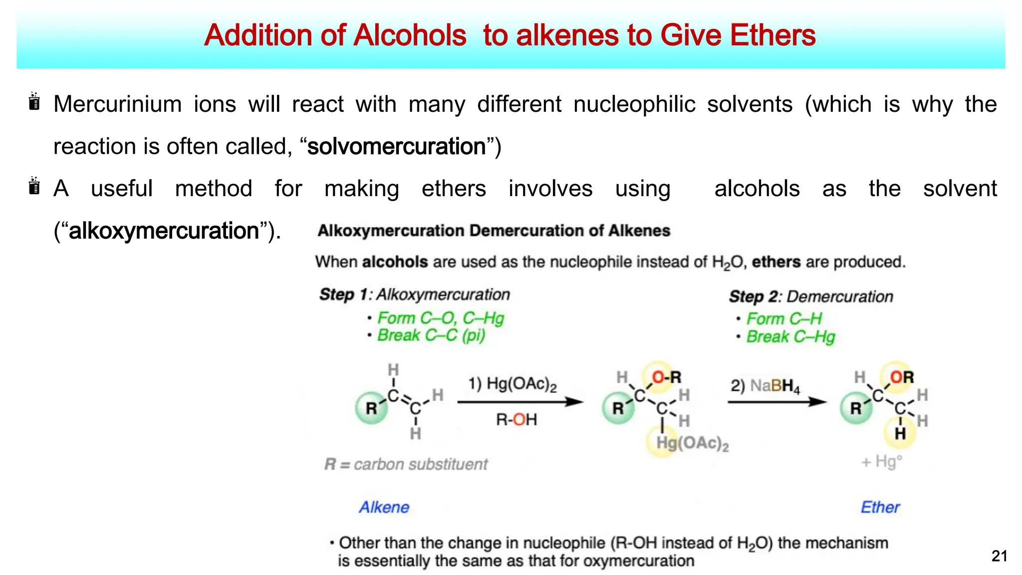 Addition of Alcohols to alkenes to Give Ethers
21
Mercurinium ions will react with many different nucleophilic solvents (which is why the
reaction is often called, “solvomercuration”)
A useful method for making ethers involves using alcohols as the solvent
(“alkoxymercuration”).
 