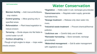 Soil Conservation
• Maintain fertility → Add manure/fertilizers,
crop rotation.
• Control grazing → Allow grazing only in
specified areas.
• Reforestation → Plant trees/vegetation to
reduce erosion.
• Terracing → Divide slopes into flat fields to
control water run off.
‑
• Contour ploughing →
Plough at right angles to slope → traps water,
checks erosion.
Water Conservation
•Vegetation → Holds water in soil, recharges groundwater.
•Dams/reservoirs → Regulate water supply, generate
hydroelectricity.
•Sewage treatment → Release only clear water into
rivers.
•Industrial waste treatment → Prevent chemical/thermal
pollution.
•Judicious use → Careful daily use of water.
•Rainwater harvesting → Store rainwater, recharge
groundwater.
•Watershed management → Soil & water management
with vegetative cover.
 
