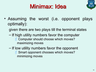 14
Minimax: IdeaMinimax: Idea
• Assuming the worst (i.e. opponent plays
optimally):
given there are two plays till the terminal states
– If high utility numbers favor the computer
Computer should choose which moves?
maximizing moves
– If low utility numbers favor the opponent
Smart opponent chooses which moves?
minimizing moves
 