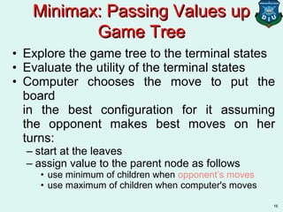 16
• Explore the game tree to the terminal states
• Evaluate the utility of the terminal states
• Computer chooses the move to put the
board
in the best configuration for it assuming
the opponent makes best moves on her
turns:
– start at the leaves
– assign value to the parent node as follows
• use minimum of children when opponent’s moves
• use maximum of children when computer's moves
Minimax: Passing Values upMinimax: Passing Values up
Game TreeGame Tree
 