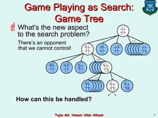 8
Game Playing as Search:Game Playing as Search:
Game TreeGame Tree
X X X
X
…
OX OX
O
X
O
X
…
How can this be handled?
What's the new aspect
to the search problem?
There’s an opponent
that we cannot control!
X
O
X
X O
X
X O
X
O
X X
…
OX
X
Tajim Md. Niamat Ullah AkhundTajim Md. Niamat Ullah Akhund
 