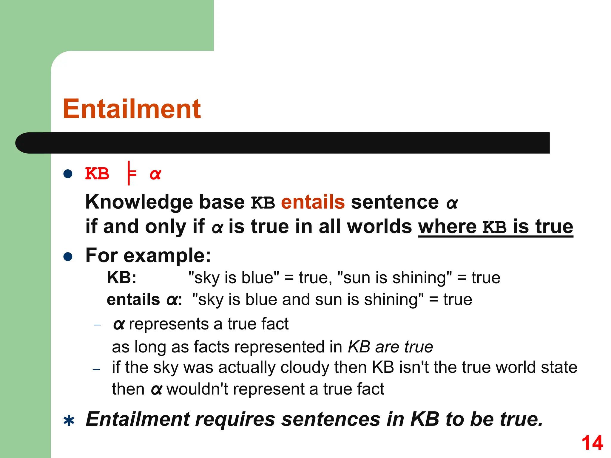 Entailment
 KB ╞ α
Knowledge base KB entails sentence α
if and only if α is true in all worlds where KB is true
 For example:
KB: "sky is blue" = true, "sun is shining" = true
entails α: "sky is blue and sun is shining" = true
– α represents a true fact
as long as facts represented in KB are true
– if the sky was actually cloudy then KB isn't the true world state
then α wouldn't represent a true fact
 Entailment requires sentences in KB to be true.
14
 
