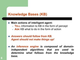Knowledge Bases (KB)
 Main actions of intelligent agent:
– TELL information to KB in the form of percept
– ASK KB what to do in the form of action
 Answers should follow from KB.
Agent should not make things up!
 An inference engine is composed of domain-
independent algorithms that are used to
determine what follows from the knowledge
base.
6
 