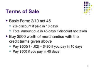 Terms of Sale Basic Form: 2/10 net 45 2% discount if paid in 10 days Total amount due in 45 days if discount not taken Buy $500 worth of merchandise with the credit terms given above Pay $500(1 - .02) = $490 if you pay in 10 days Pay $500 if you pay in 45 days 