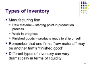 Types of Inventory Manufacturing firm Raw material – starting point in production process Work-in-progress Finished goods – products ready to ship or sell Remember that one firm’s “raw material” may be another firm’s “finished good” Different types of inventory can vary dramatically in terms of liquidity 
