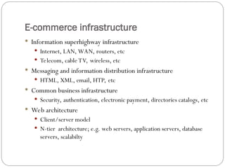 E-commerce infrastructure
 Information superhighway infrastructure
 Internet, LAN, WAN, routers, etc
 Telecom, cable TV, wireless, etc
 Messaging and information distribution infrastructure
 HTML, XML, email, HTP, etc
 Common business infrastructure
 Security, authentication, electronic payment, directories catalogs, etc
 Web architecture
 Client/server model
 N-tier architecture; e.g. web servers, application servers, database
servers, scalabilty
 