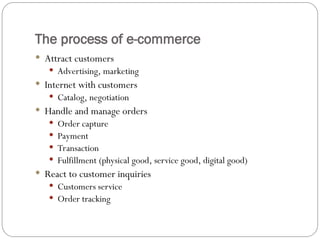 The process of e-commerce
 Attract customers
 Advertising, marketing
 Internet with customers
 Catalog, negotiation
 Handle and manage orders
 Order capture
 Payment
 Transaction
 Fulfillment (physical good, service good, digital good)
 React to customer inquiries
 Customers service
 Order tracking
 