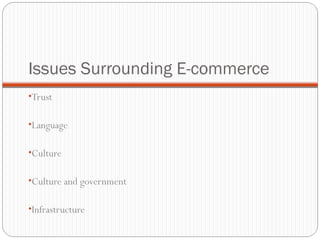 Issues Surrounding E-commerce
•Trust
•Language
•Culture
•Culture and government
•Infrastructure
 