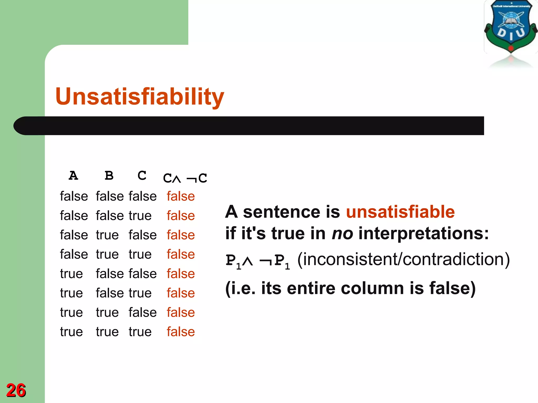 Unsatisfiability
A B C
false false false
false false true
false true false
false true true
true false false
true false true
true true false
true true true
A sentence is unsatisfiable
if it's true in no interpretations:
P1∧ ¬P1 (inconsistent/contradiction)
(i.e. its entire column is false)
C∧ ¬C
false
false
false
false
false
false
false
false
2626
 
